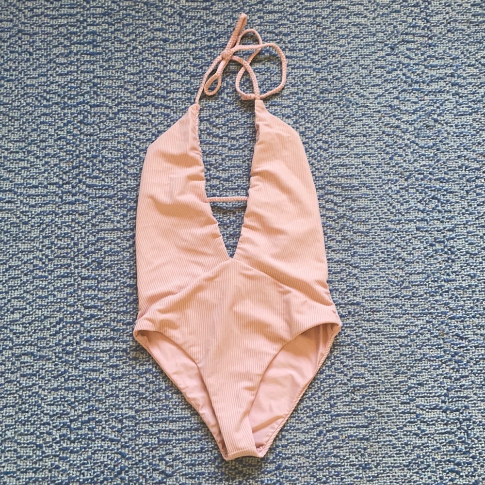 Frankie's Bikinis Pink Ribbed One Piece Swimsuit